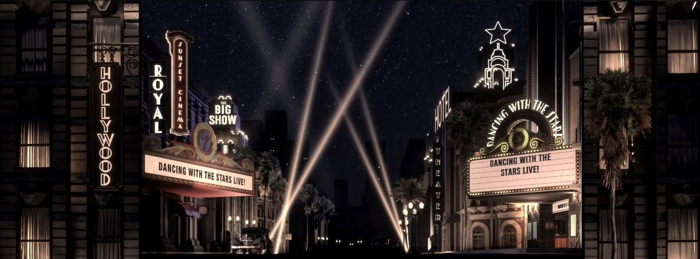 An old Hollywood boulevard of glowing marquees reading Dancing with the Stars Live! under crossing searchlights