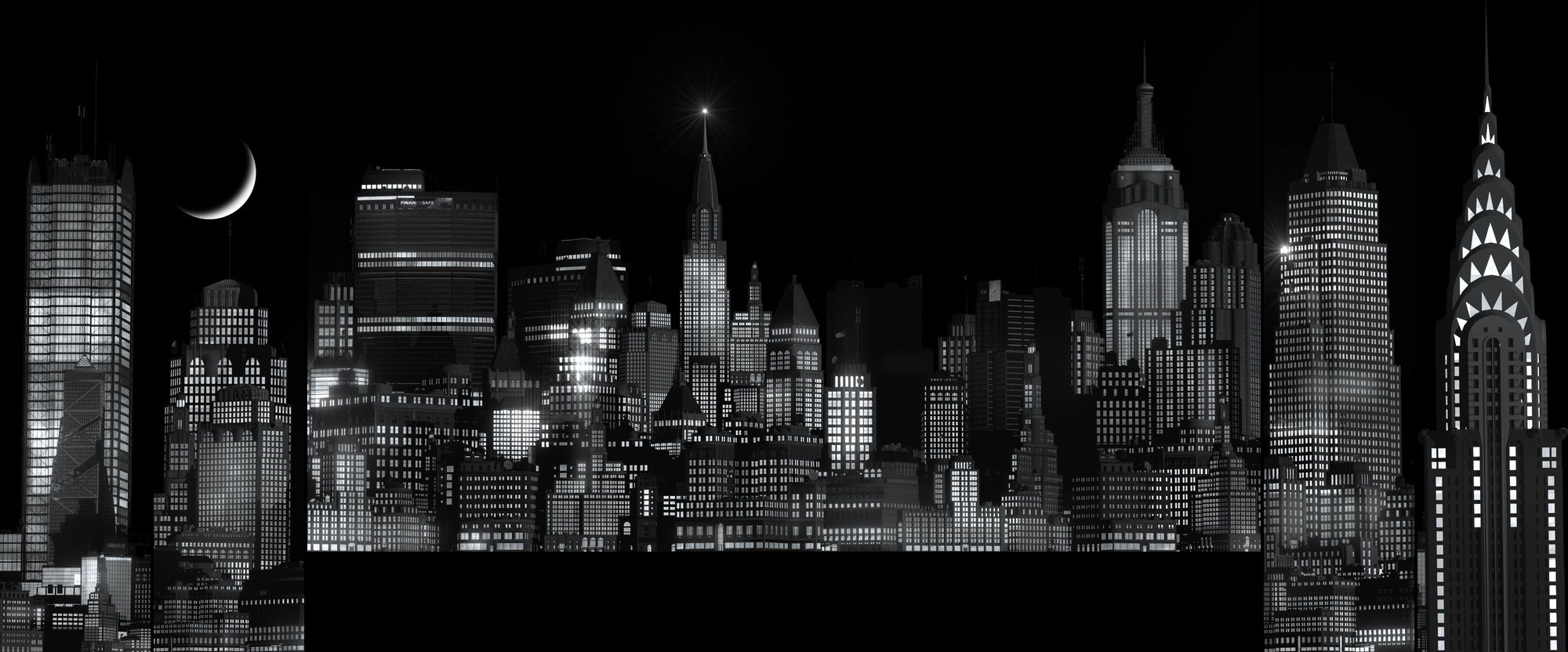 A black and white New York skyline at night under a crescent moon