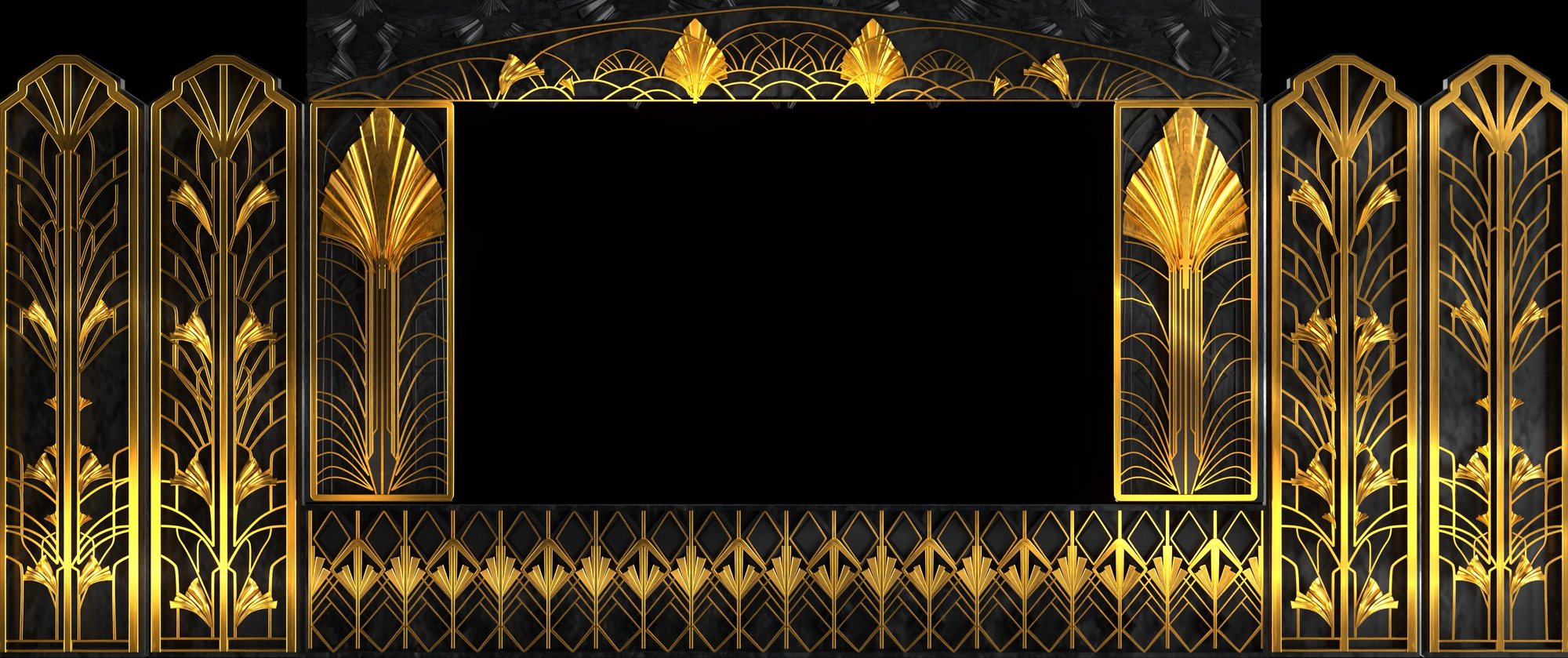 Black and gold art deco panels framing a central screen