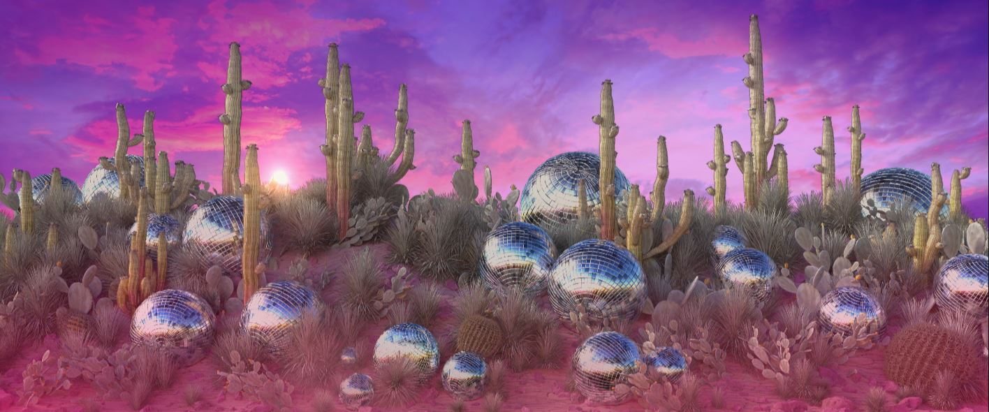 Mirror balls scattered among cacti in a pink and violet desert