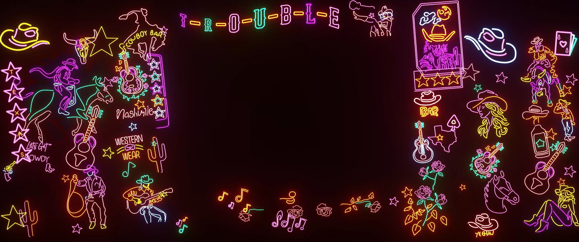Neon cowboy signs, guitars and stars spelling out T-R-O-U-B-L-E