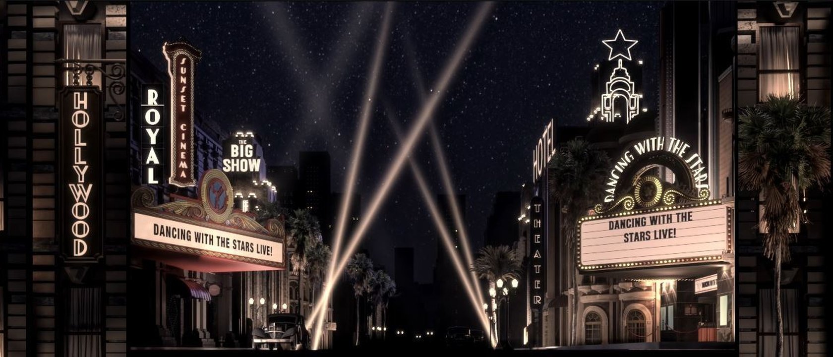 Dancing with the Stars Live! visual: an old Hollywood boulevard of glowing theater marquees and crossing searchlights