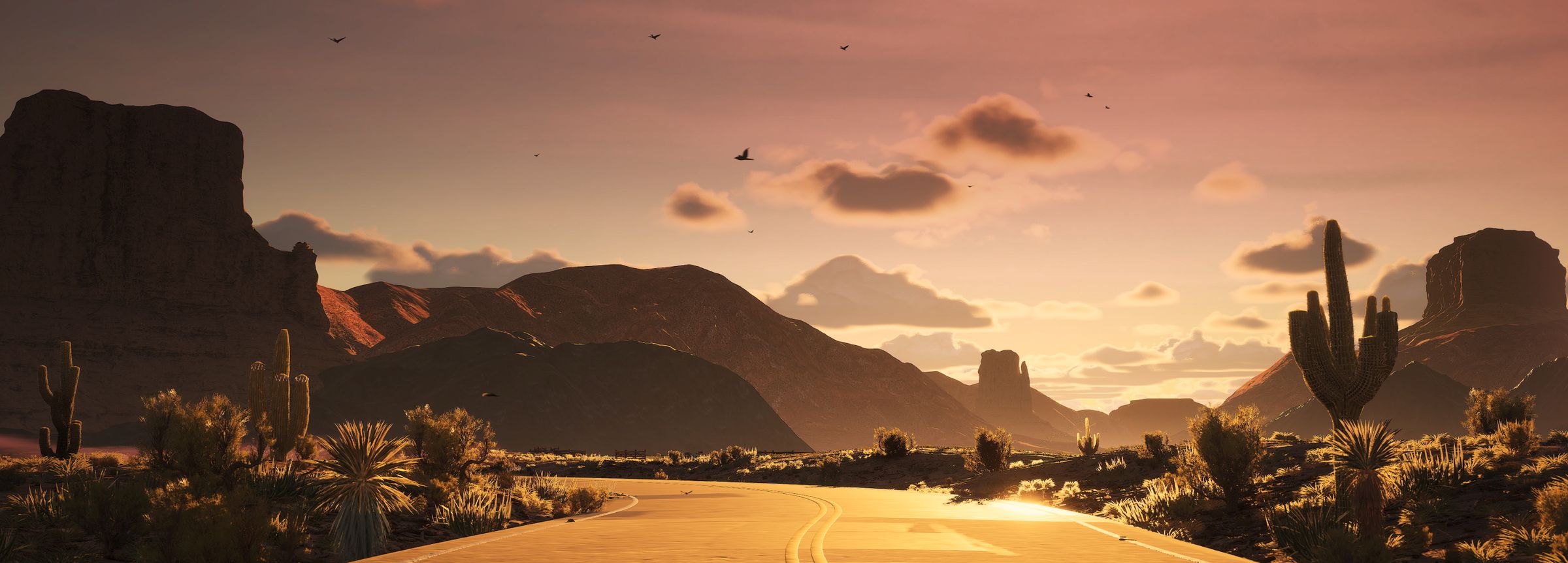A desert road glowing gold at sunset among cacti and buttes