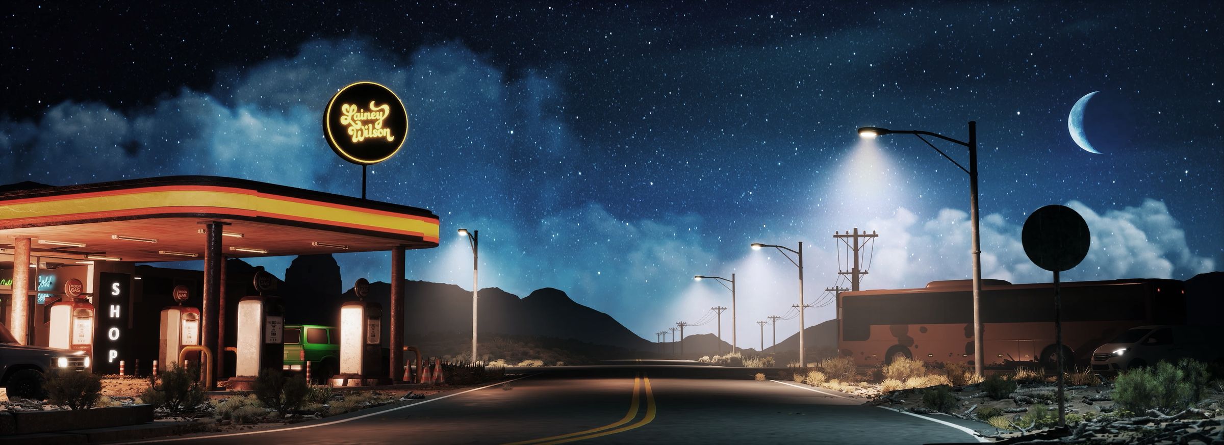 A roadside gas station at night under a neon Lainey Wilson sign