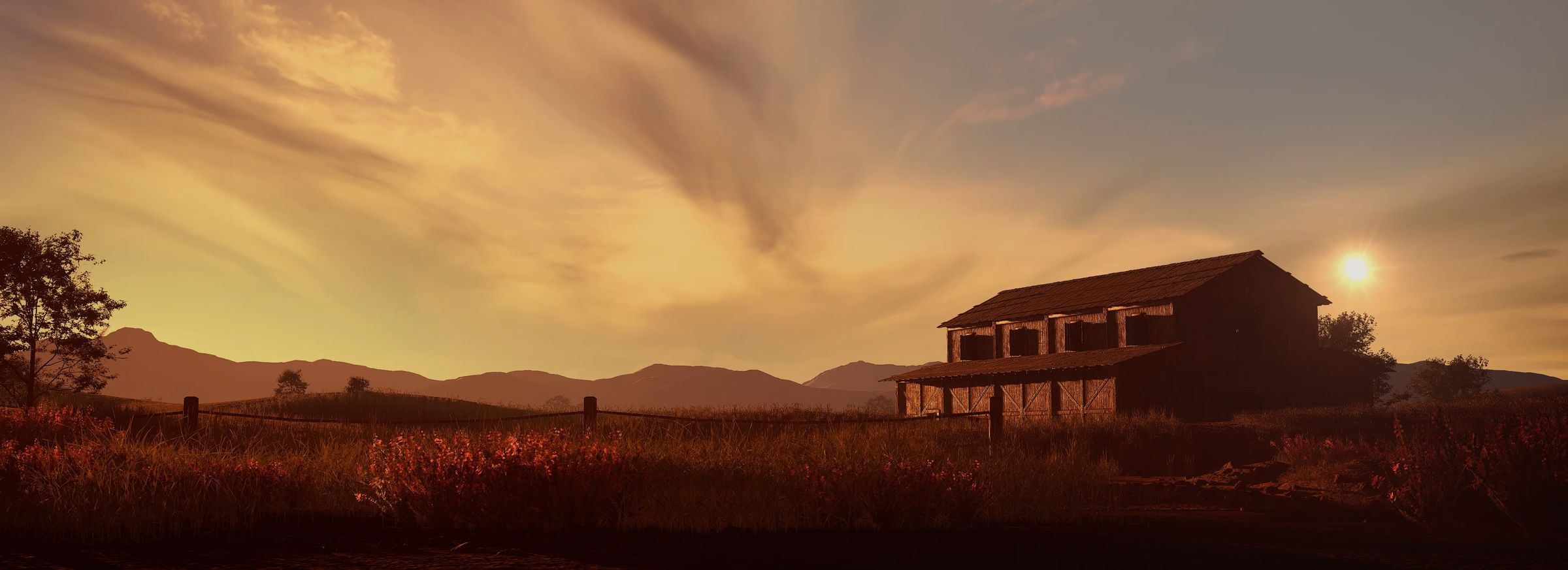 A wooden barn at golden hour