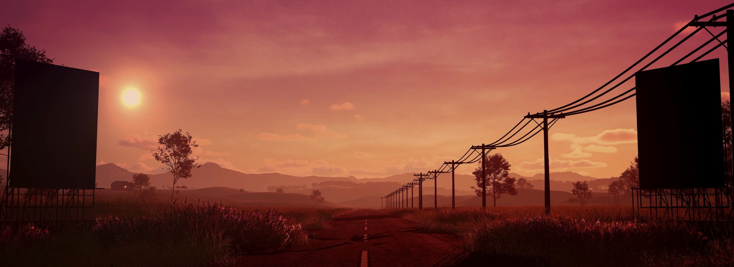 An empty country road at sunset lined with power lines and billboards