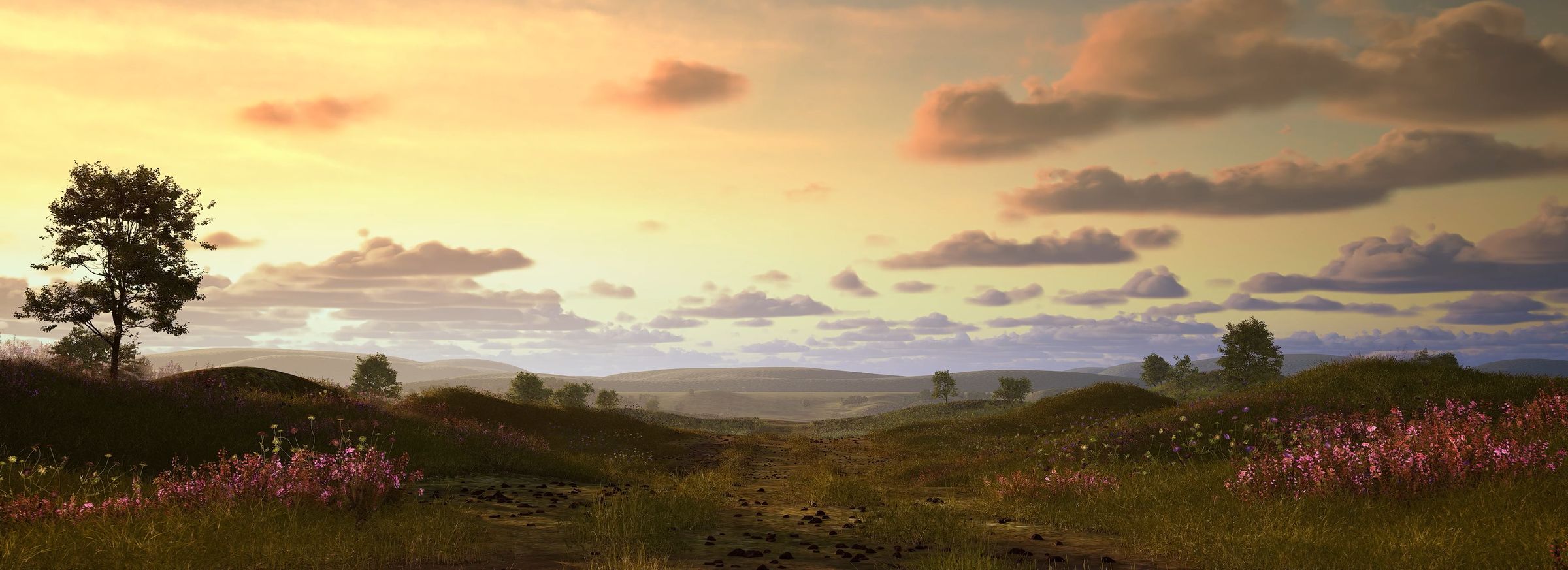 Rolling meadow with wildflowers under a golden sky
