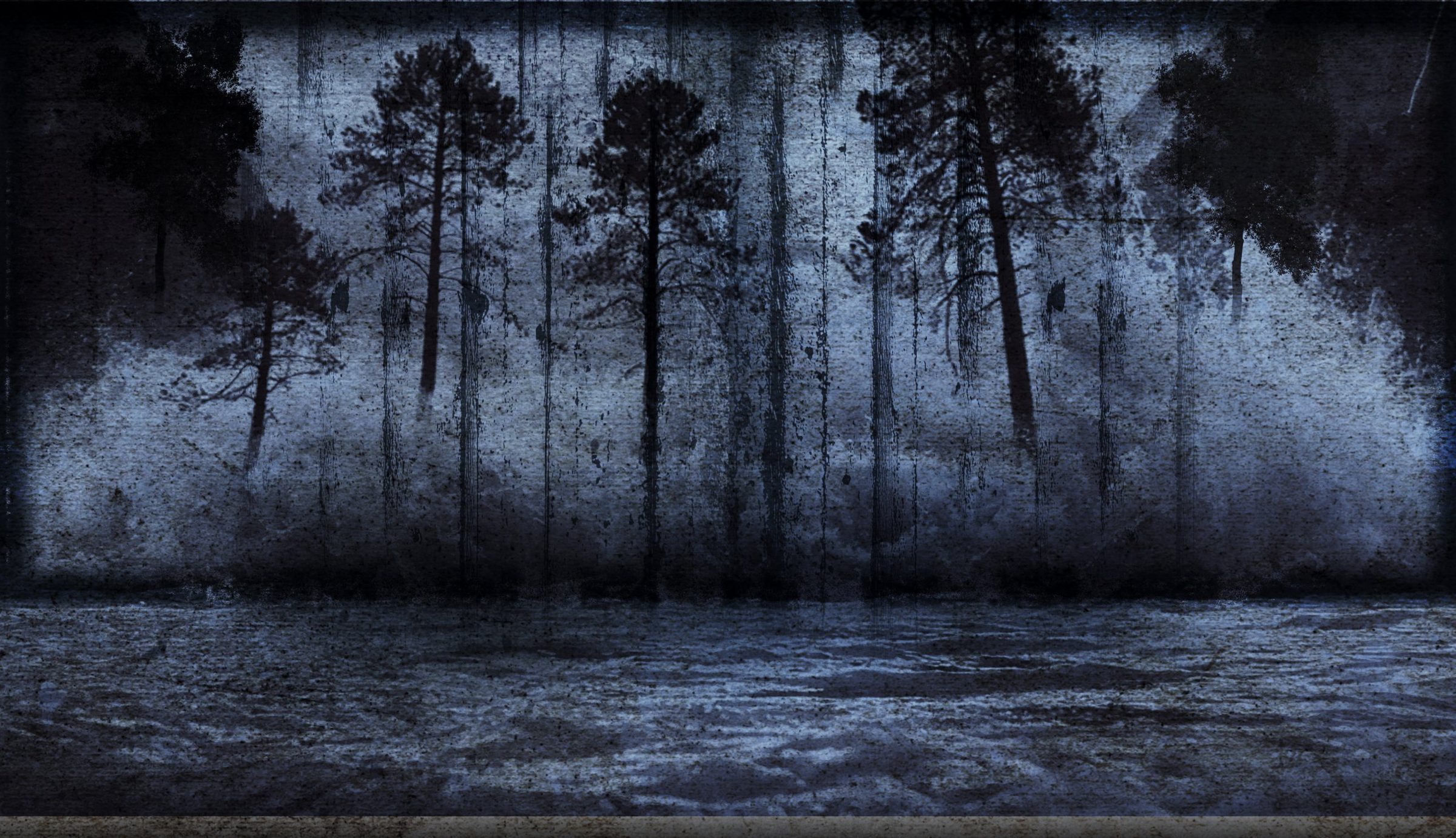Silhouetted pines against a cold blue, weathered sky