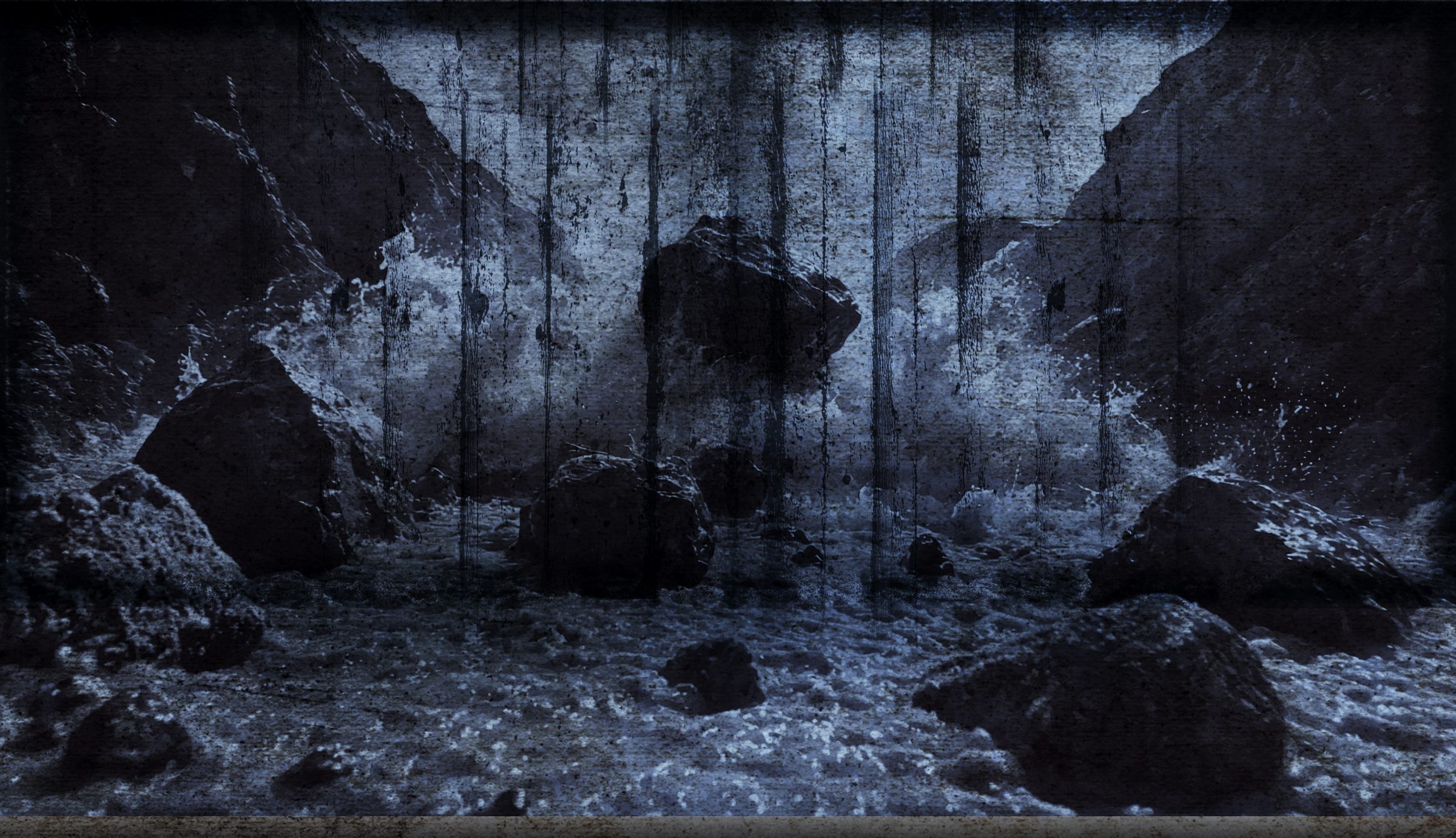 Rocks and crashing water in a dark, rain-streaked blue scene