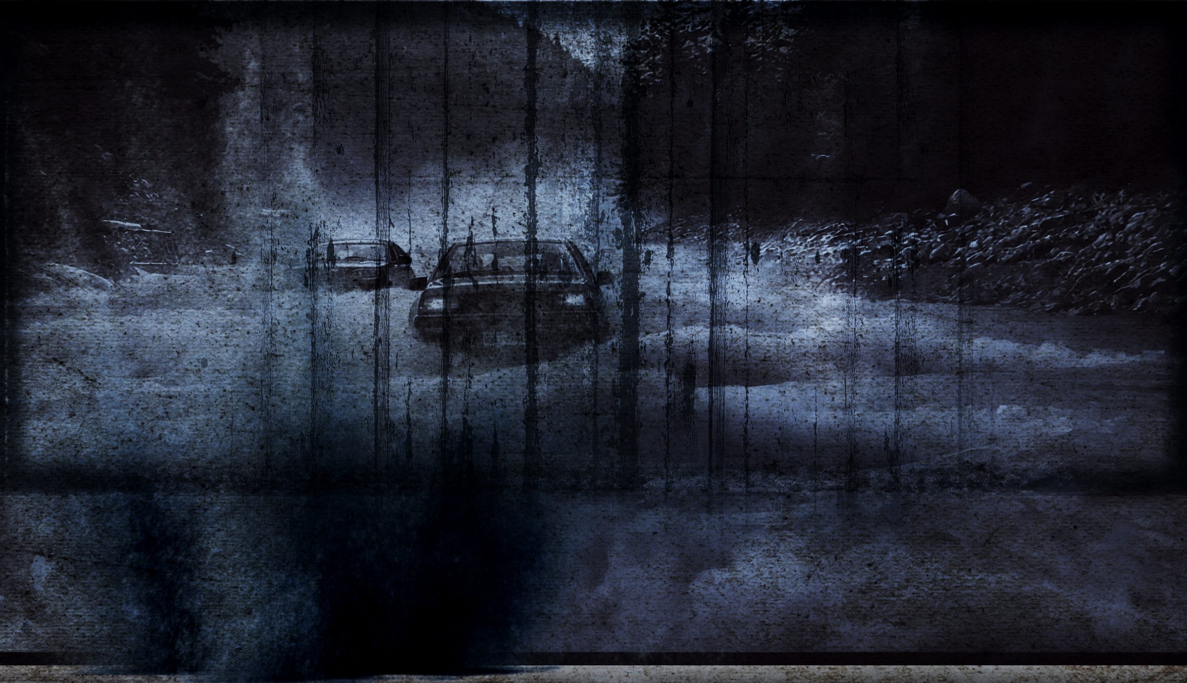 Two cars on a snowy road behind streaks of rain