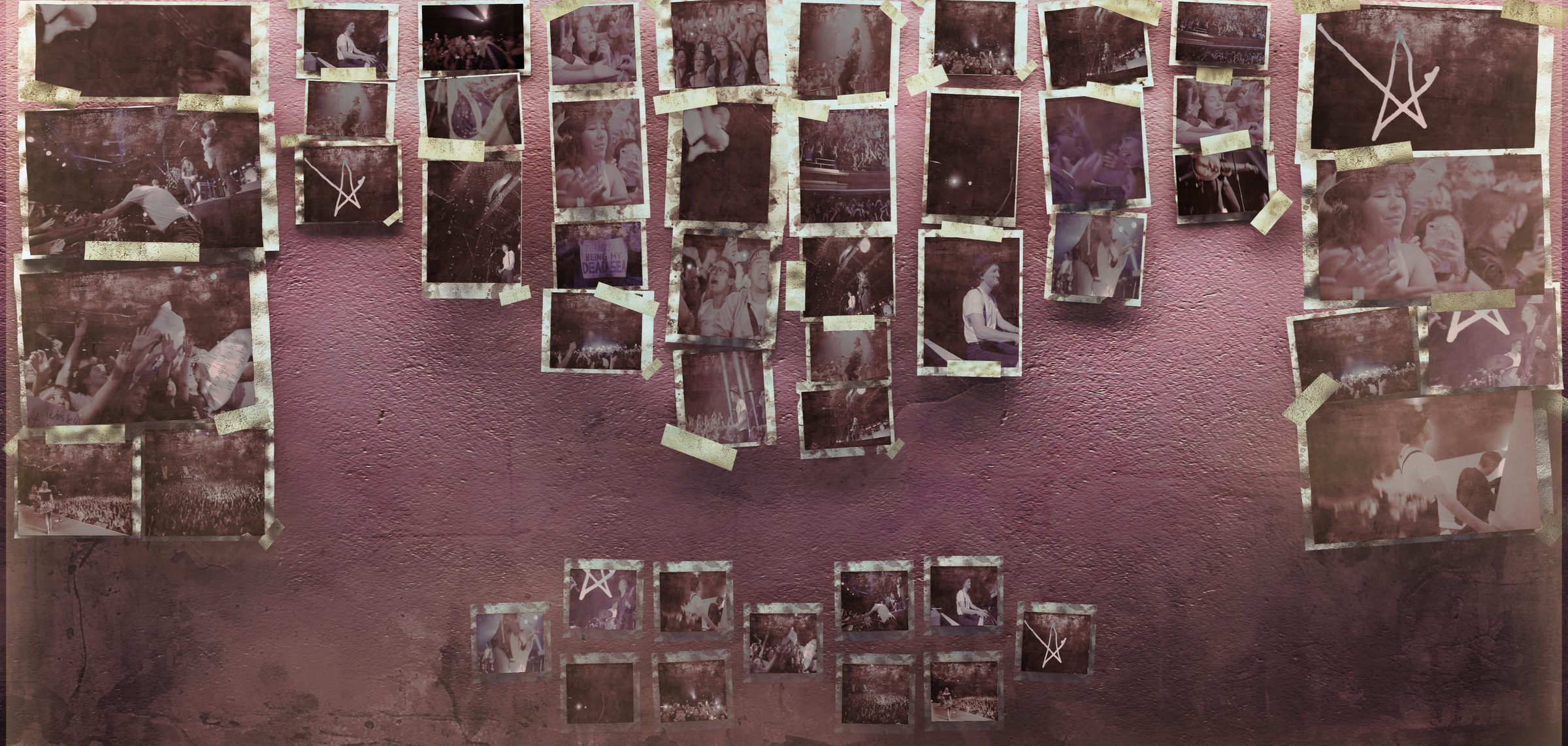 A wall of taped-up concert and fan photos, marked with hand-drawn stars