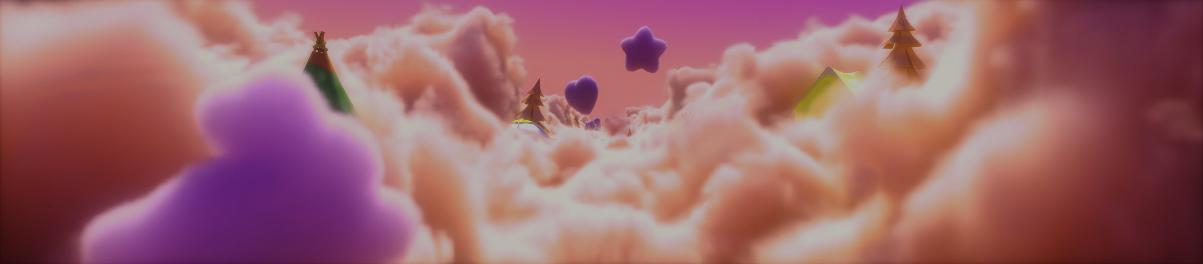A peach cloudscape with tents, pines and a floating heart and star