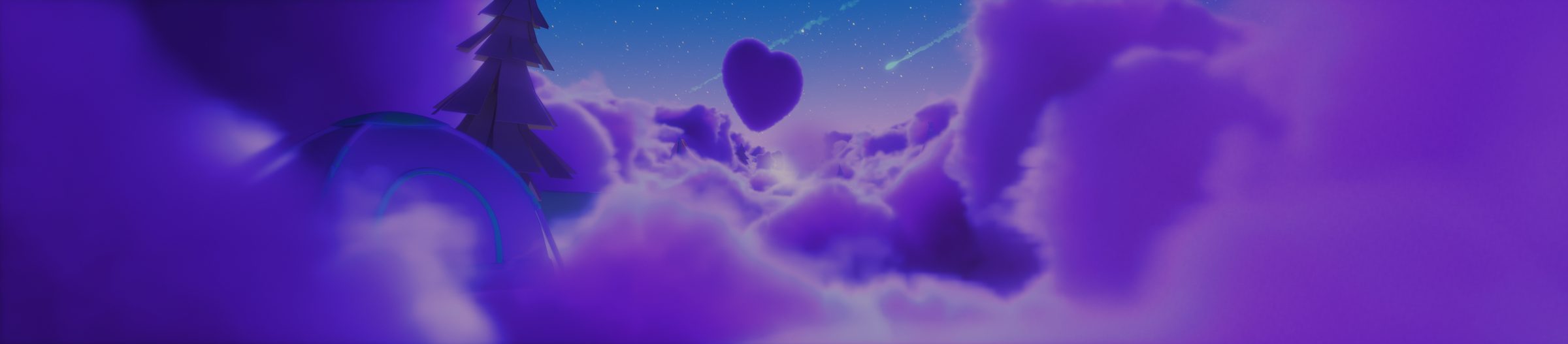 A violet night cloudscape with a heart and shooting stars