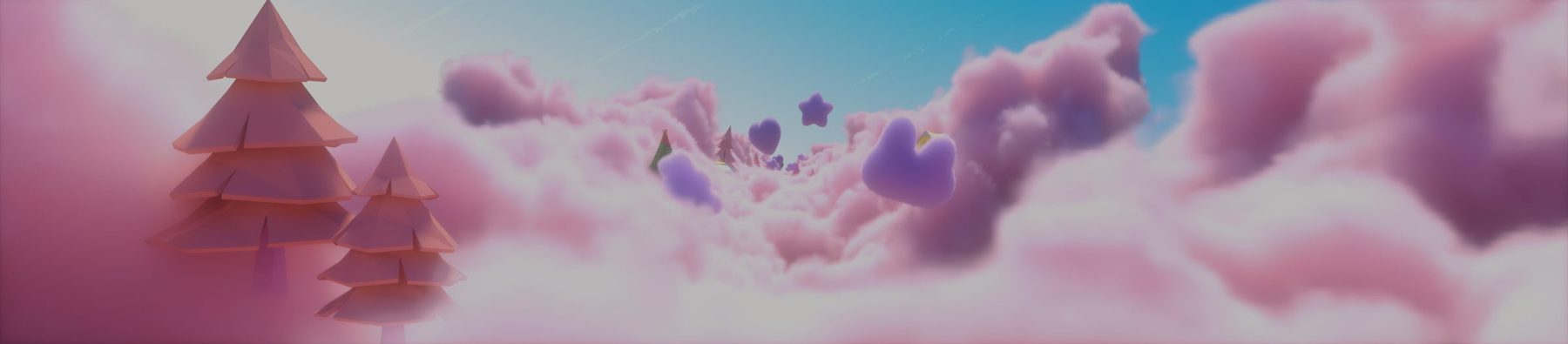 NewJeans concert visual: a pastel pink cloudscape with pine trees, hearts and stars