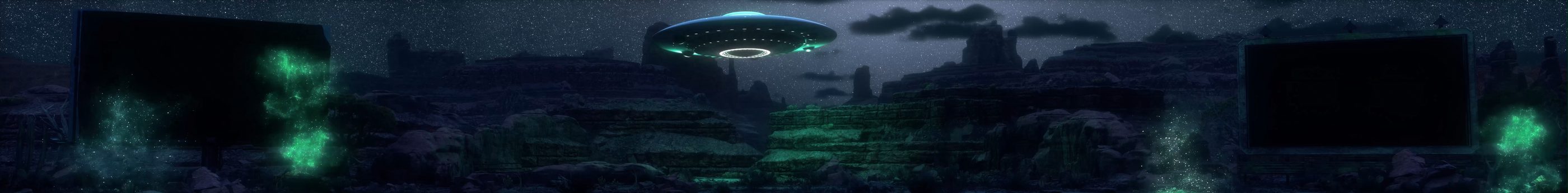 Green glow spreading across the canyon beneath the UFO