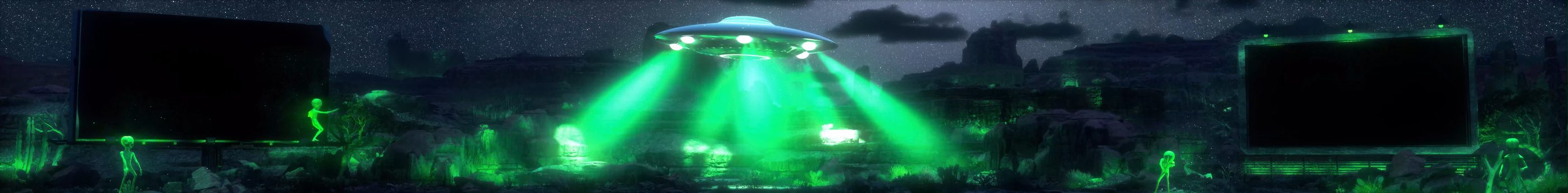 The UFO beaming green light down as glowing aliens appear