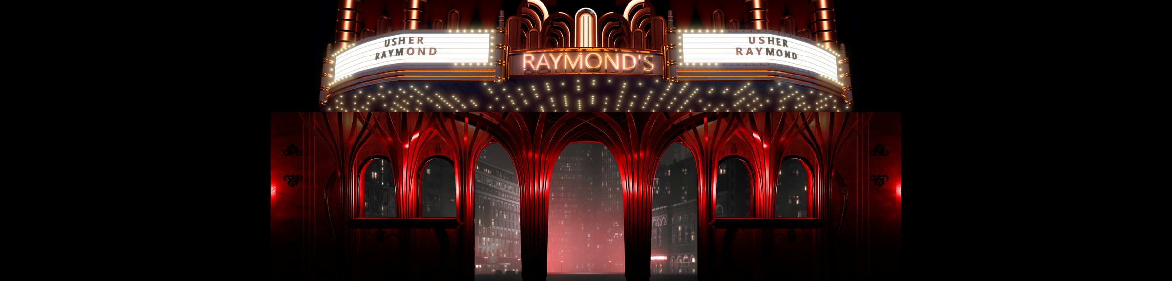 An art deco theater marquee lit up with Usher Raymond, red arches and a city beyond