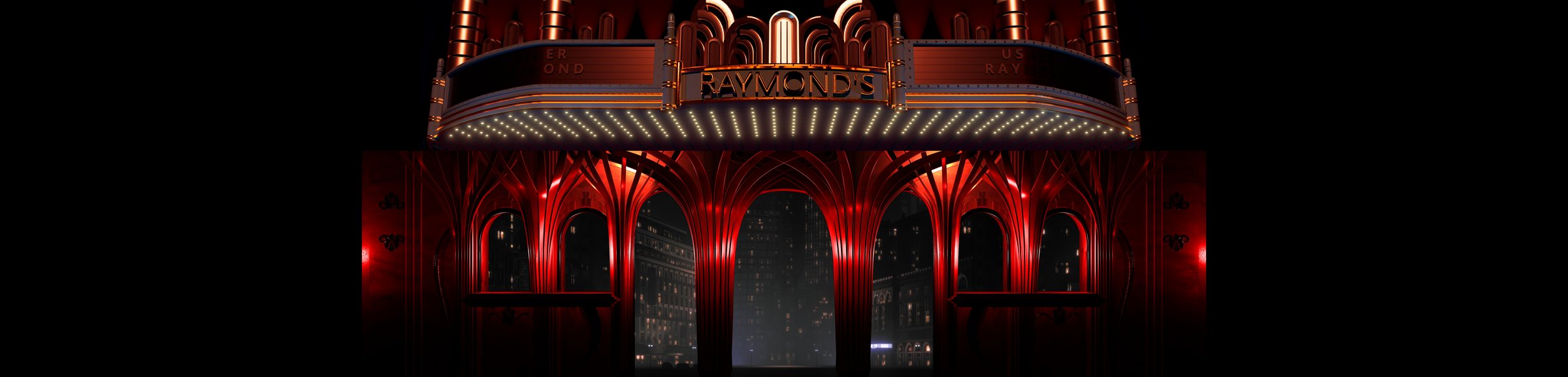 The Raymond's marquee before it lights up, framed by red arches