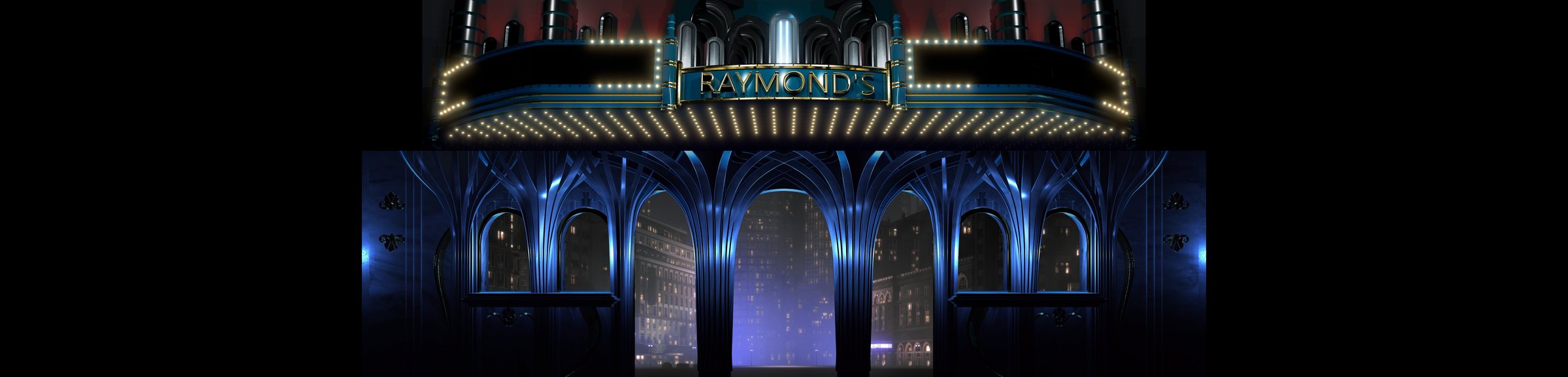 The same theater facade in cool blue light