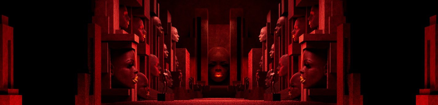 A red hall lined with sculpted faces with golden lips