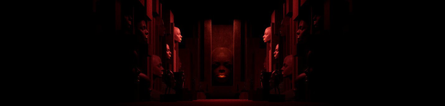 The hall of faces in near darkness