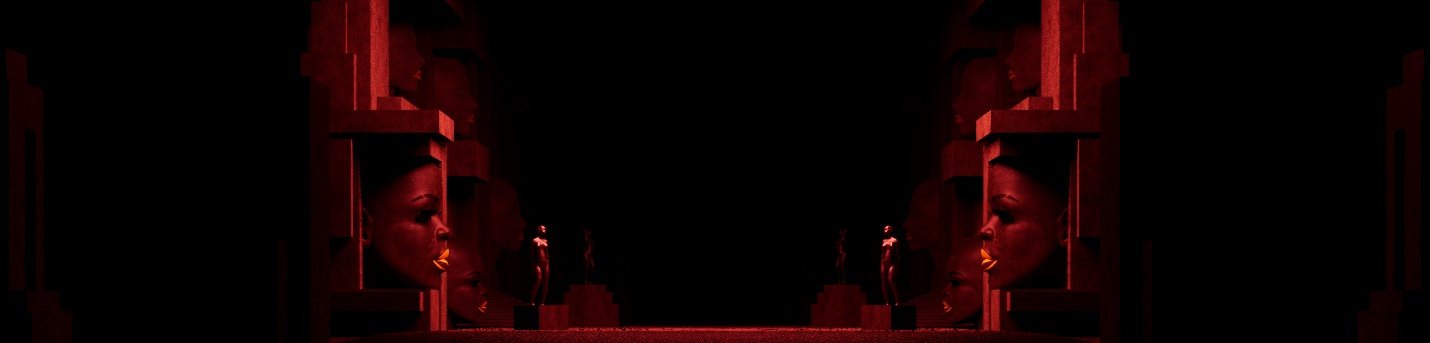 A single sculpted face glowing at the end of the red hall