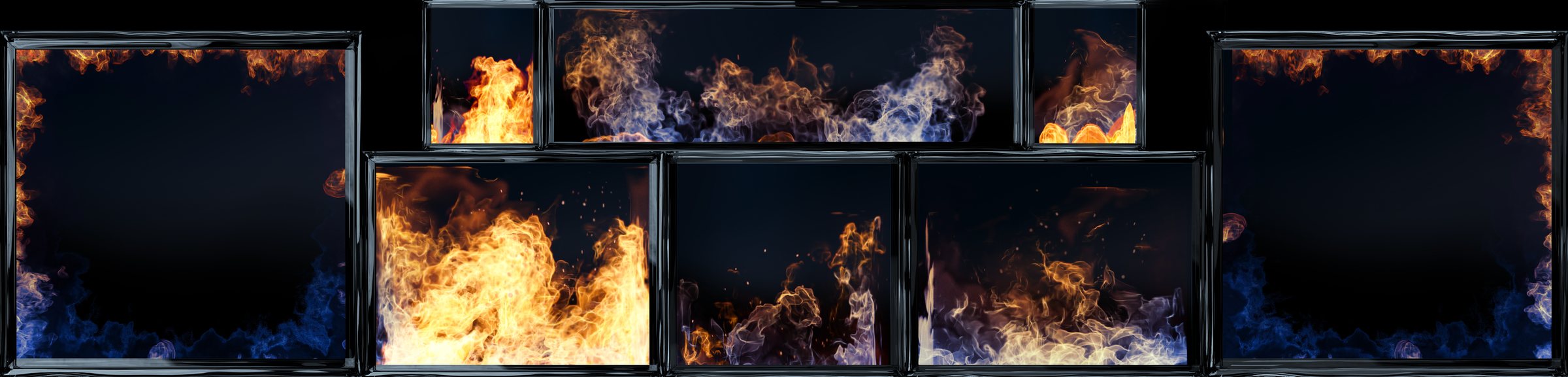 Fire and blue smoke burning inside a wall of black-framed screens