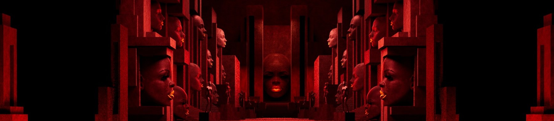Usher visual: a red hall lined with sculpted faces with golden lips