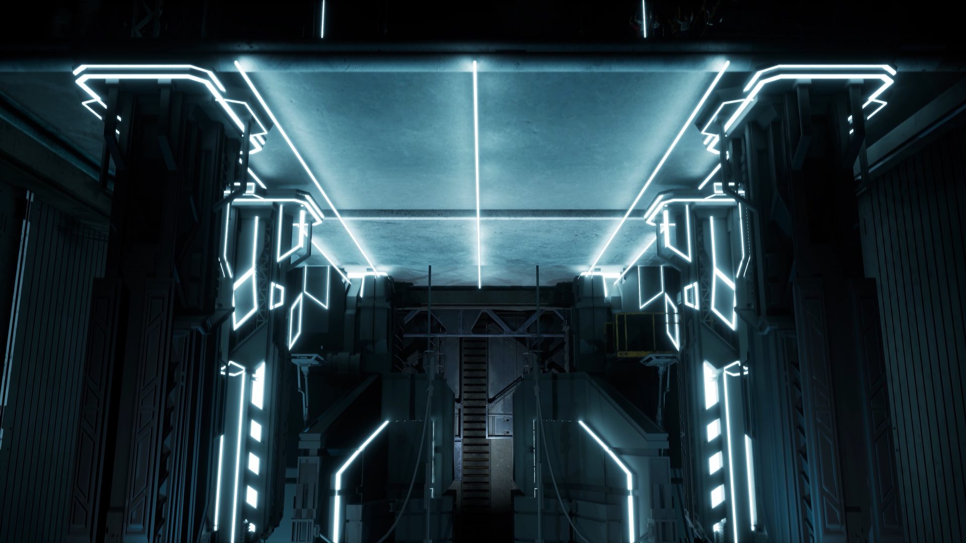 Hangar corridor lit by neon panels