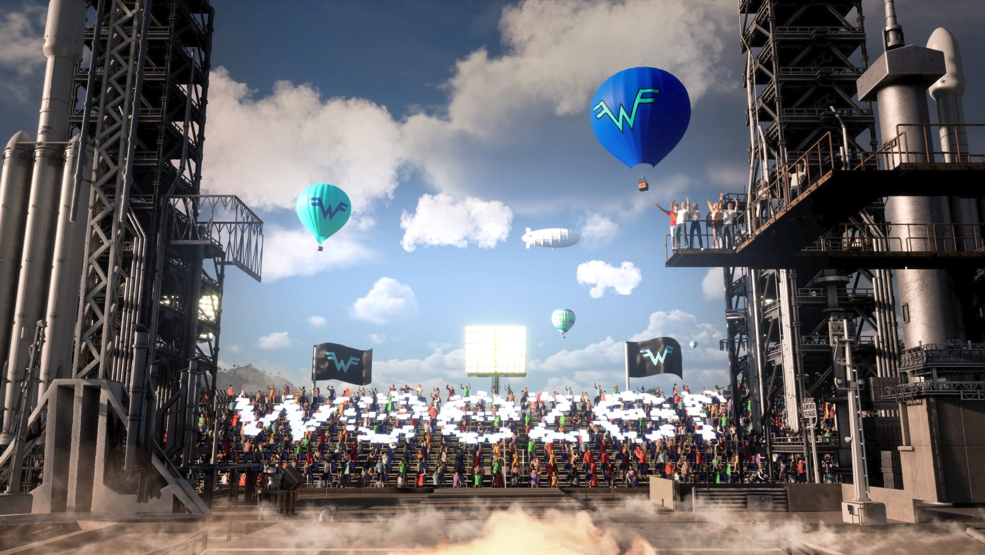 A launch pad between rocket towers, with a cheering stadium crowd spelling Weezer and Weezer balloons overhead