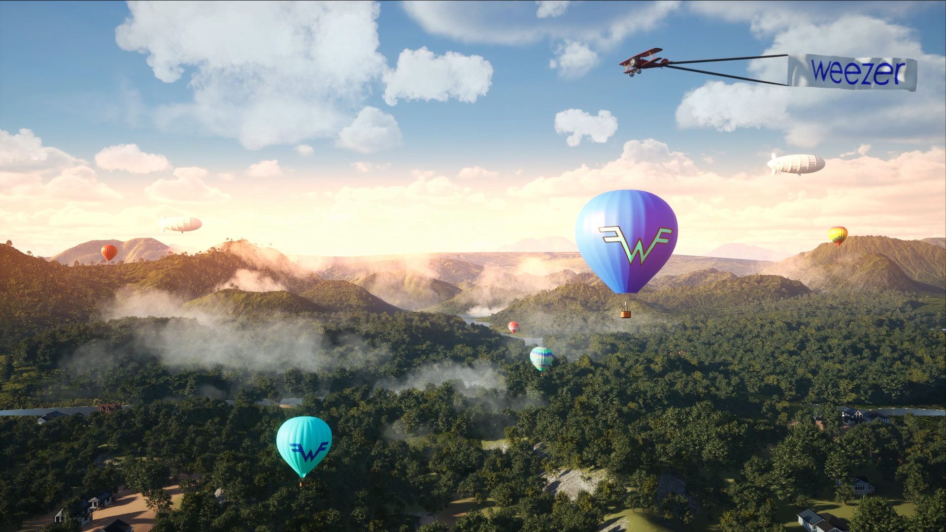 Hot air balloons with the Weezer logo over green hills, a biplane towing a Weezer banner