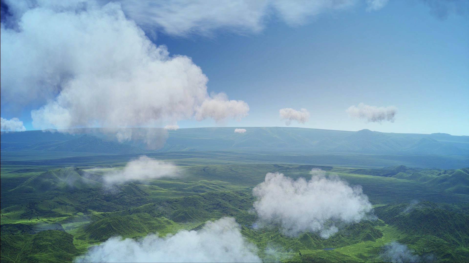 Flying above the clouds over green mountains
