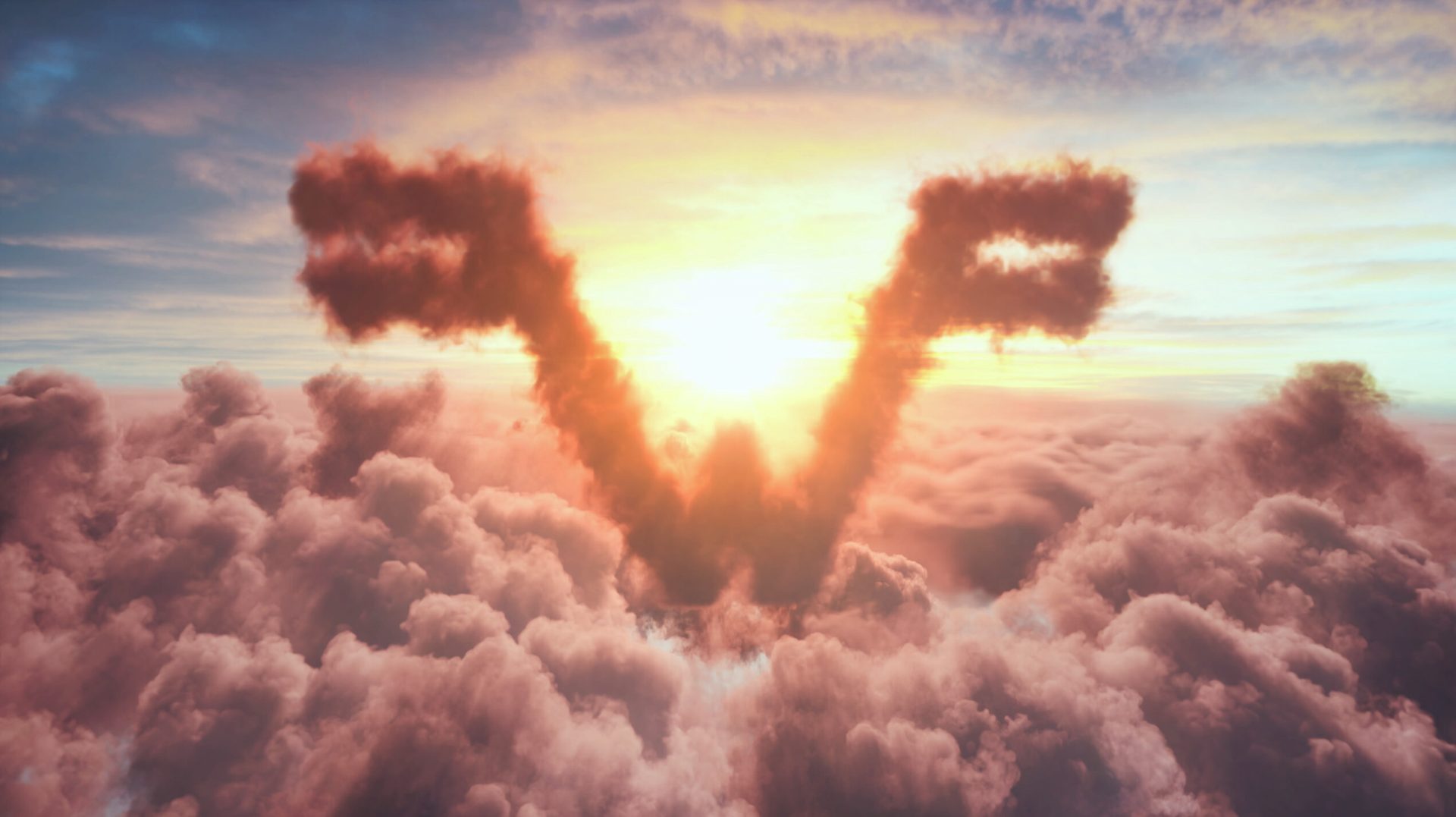The Weezer W logo formed from clouds against a glowing sunrise