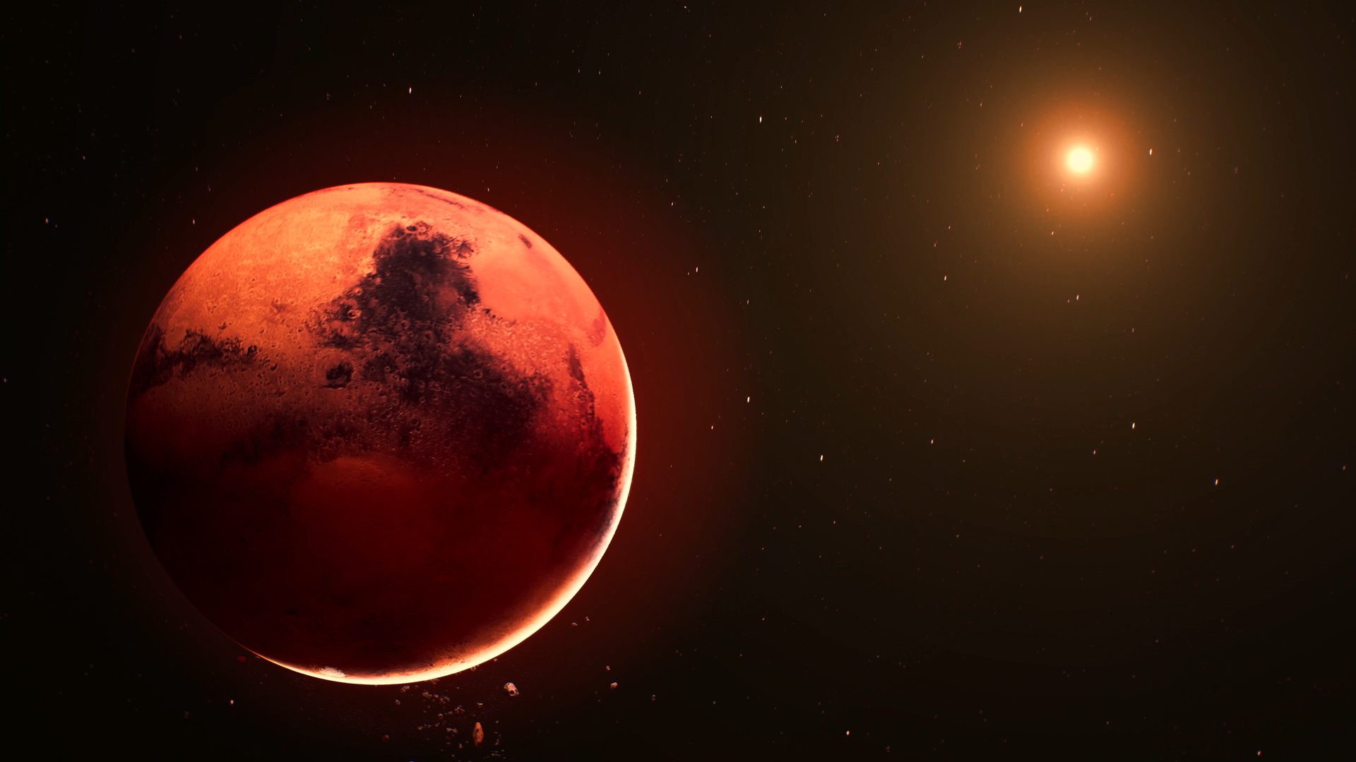Mars glowing red beside a distant sun