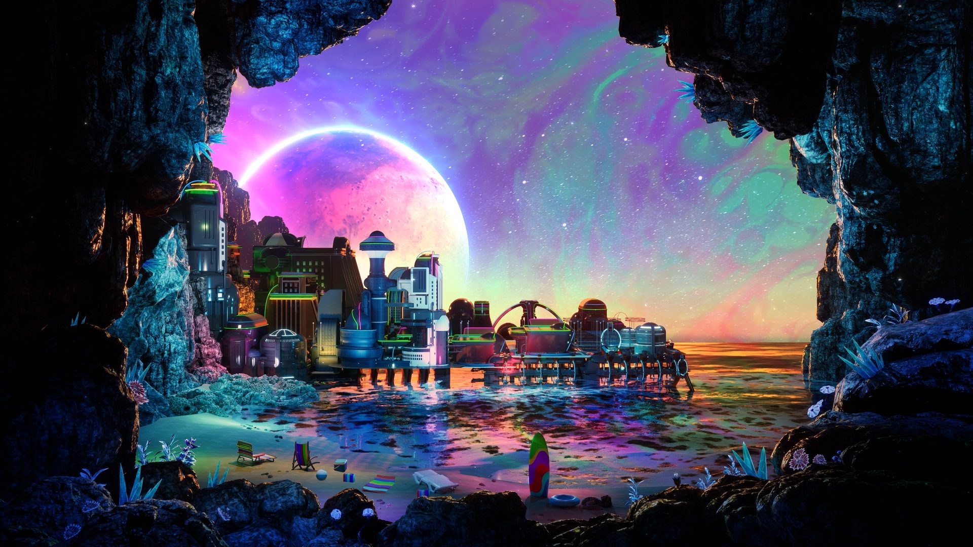 A neon city on a beach under a giant pink planet, seen from a cave