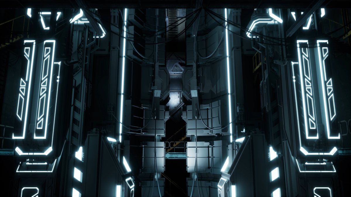 Weezer Voyage to the Blue Planet tour visual: a launch bay lit by glowing cyan light strips